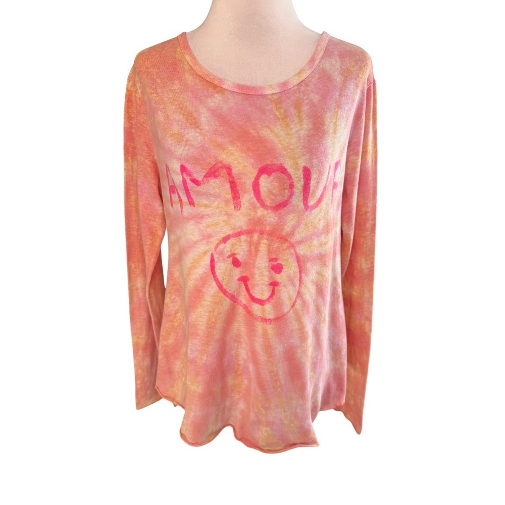 Love Tanjane Amour Smiley Face Tie Dye Long Sleeve Hemp Cotton Top Pink Orange S